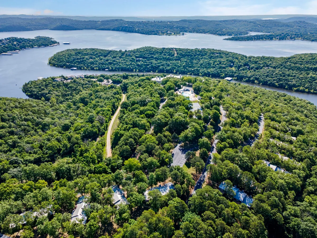 This image captures a sweeping view of the Ozark landscape with lush greenery, winding waterways, scattered homes, and hills in the background. The scenery is serene and peaceful, offering a sense of natural beauty and tranquility.